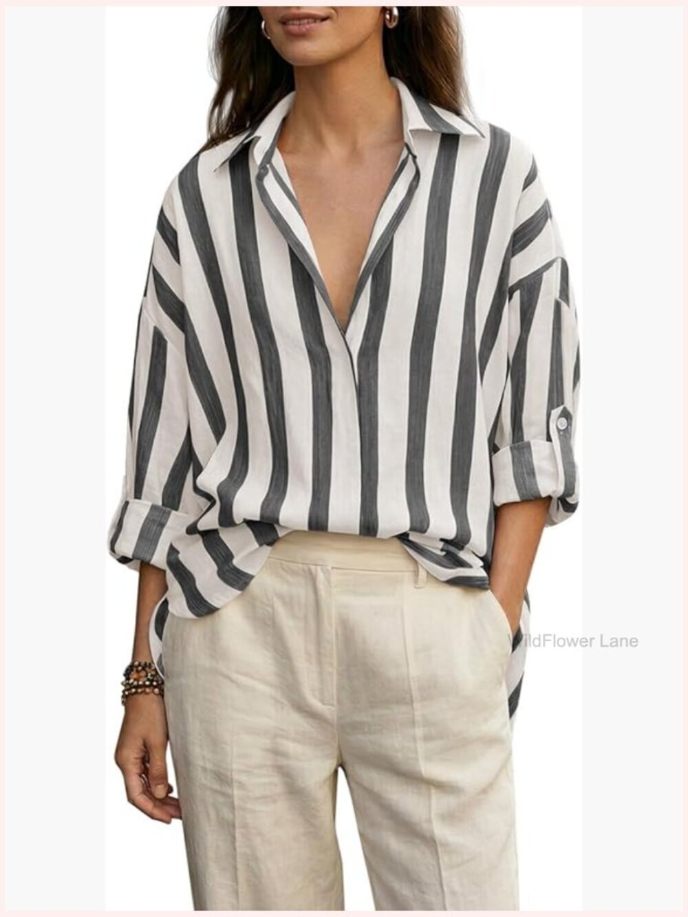 Oversized Boho Striped V-Neck Blouse Long Sleeve Lightweight Summer Top
